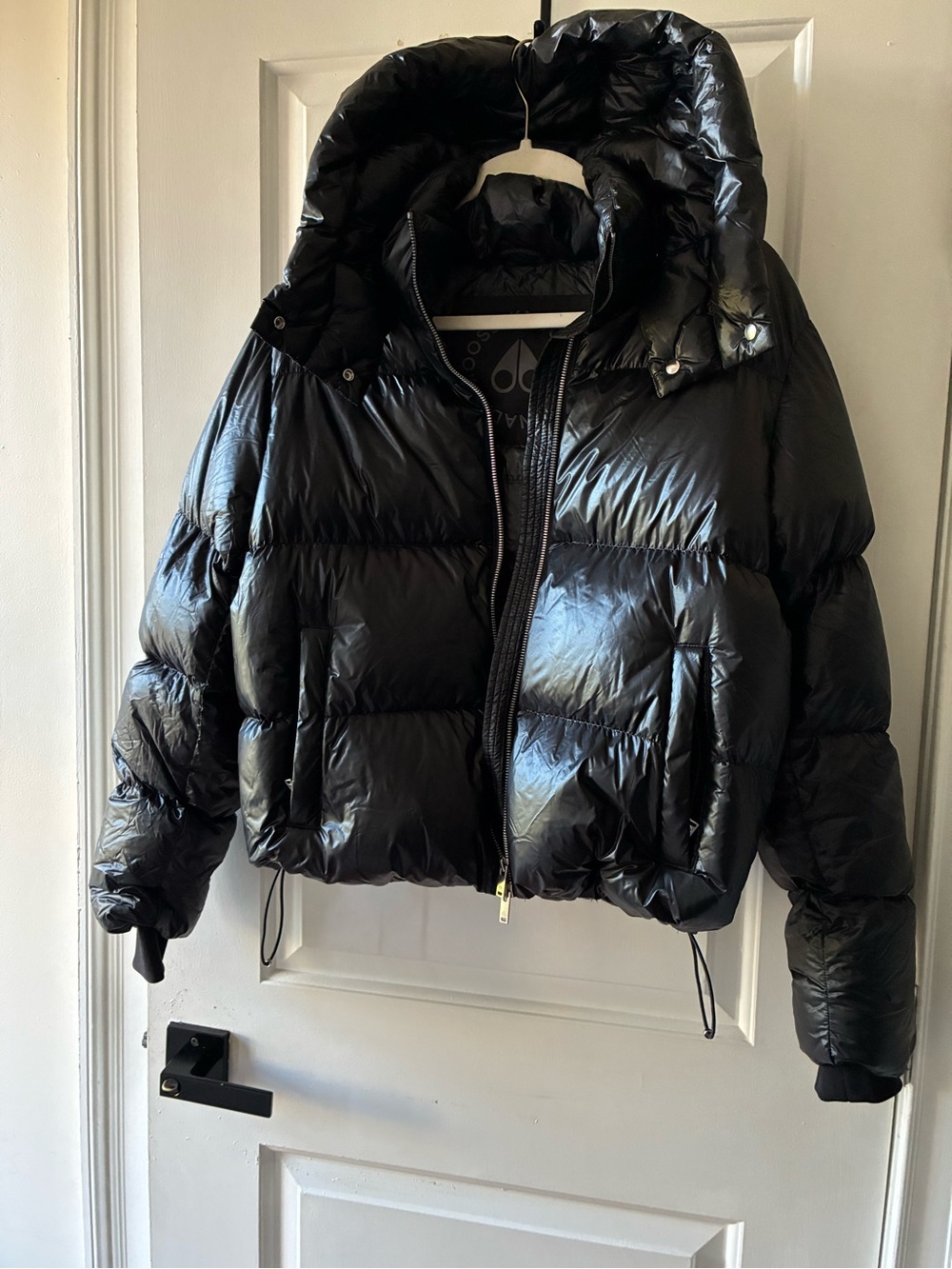 Moose Knuckles Black Glossy Puffer Jacket with Hood